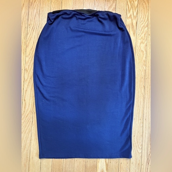 Thyme & Honey Navy Woven Cotton Blend Pencil Midi Skirt Elastic Waist - Picture 4 of 13